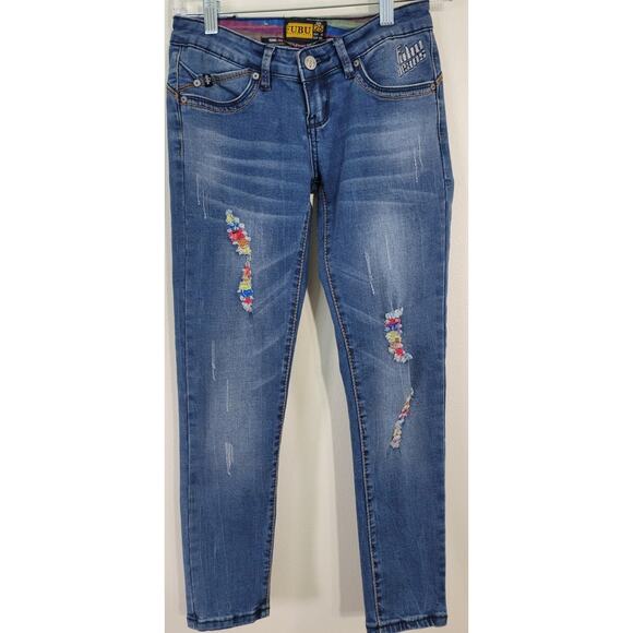 Fubu Jeans Womens Size 25 Ankle Skinny Rainbow Distressed Jeans VINTAGE - Picture 1 of 10